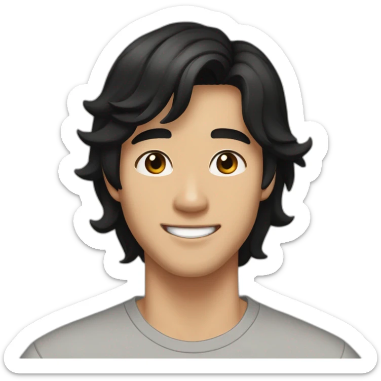 guy, black hair, medium length hair, in his 20s, very asian, smiling, t-shirt only, slight brown skin, dark brown eyes, slighty wavy hair sticker