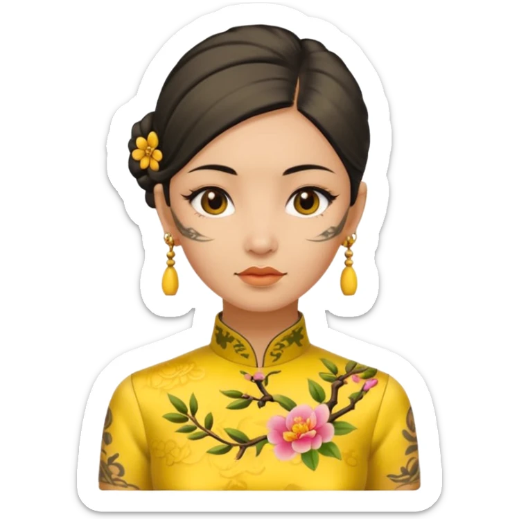 ancient woman with tatooed on neck and face and yellow cheongsam sticker