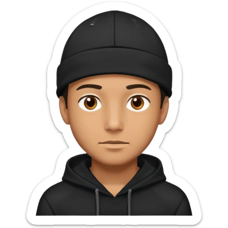 Guy wearing a black hoodie and a black cap his eyes hunter eyes brown and his skin white but tanned  sticker