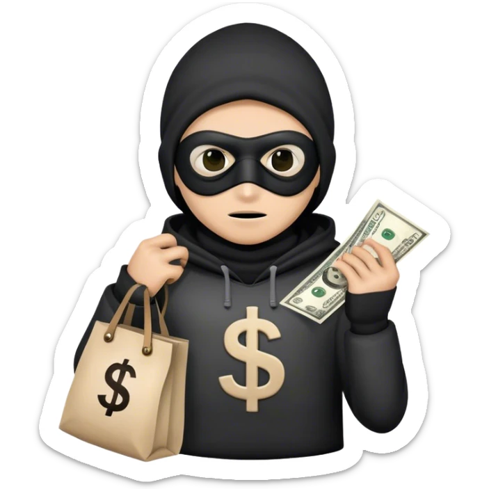 a thief boy with a bag in his hand with a dollar in the middle of the bag and a mask on his eyes sticker