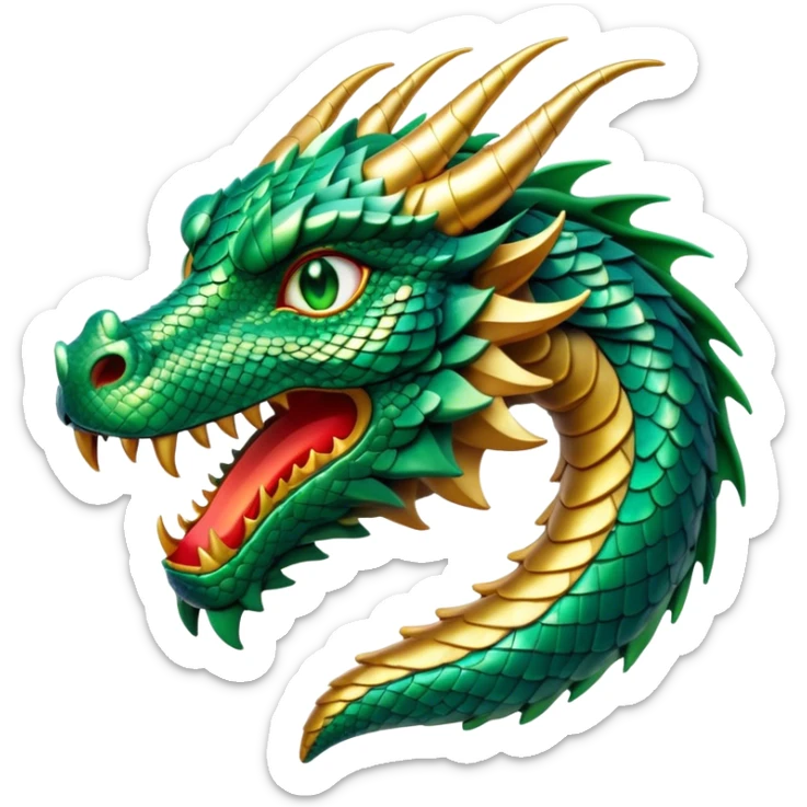 Cinematic Noble Dragon Portrait Emoji, Poised and majestic, with a sinuous, elongated body covered in intricately detailed, shimmering scales in hues of emerald and gold, and piercing, fiery eyes that reflect ancient wisdom; rendered with lifelike texture and natural highlights, high shine, intelligent and formidable, styled with an aura of mythic power, focused and attentive, soft glowing outline, capturing the essence of a legendary dragon that appears ready to soar out of the screen with timeless authority! sticker