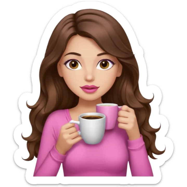 girl with long wavy brown hair, brown eyes, long lashes, pink lips, light to medium complexion, pink sexy top, sipping coffee sticker