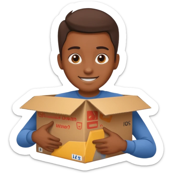 Generate a realistic emoji-style icon of the a person clever packing a package. That he´s clever by packing a box has to be easily noticed. sticker
