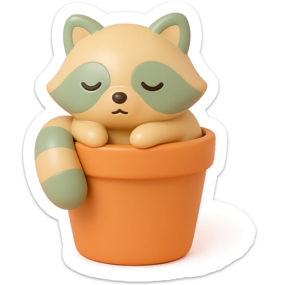 sleepy raccoon inside a flower pot, pastel earthy colors, vinyl figure style sticker
