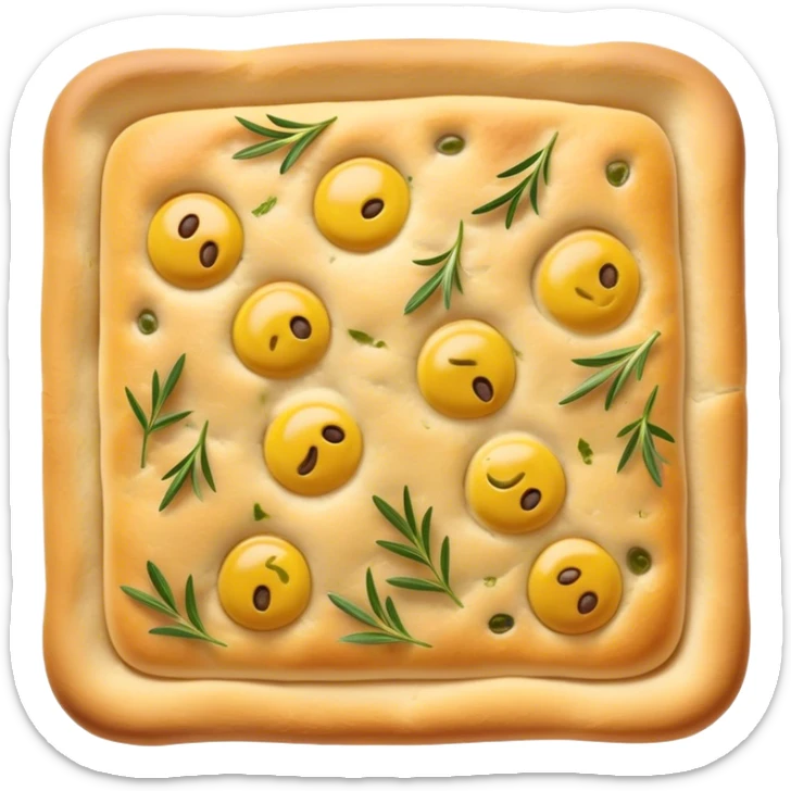 Cinematic Realistic Focaccia Bread Dish Emoji, depicted as a golden, olive oil brushed flatbread sprinkled with herbs rendered with lifelike texture and soft, appetizing lighting. sticker