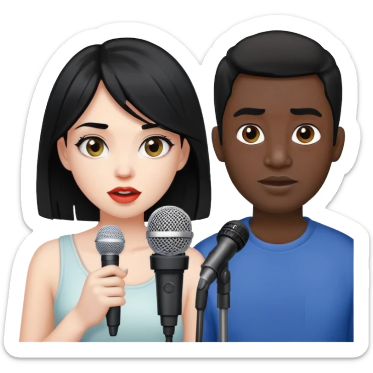beautiful pale girl with black hair next to dark skin ugly man with microphone sticker