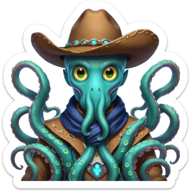 Close-up portrait of a tentacled alien cowboy, subtle glowing bioluminescent skin, tentacles partially hidden under a cowboy scarf, mysterious expression, dramatic shadow lighting, high detail, sci-fi western fusion
 sticker