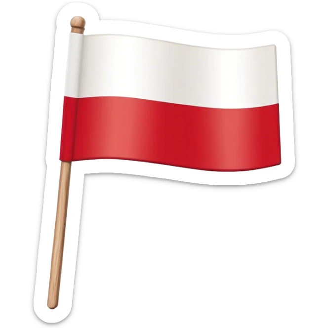"A simple Polish flag on a wooden stick, waving slightly in the wind. The flag has two horizontal stripes: white on top and red on the bottom. The stick is light brown, made of wood, and slightly tilted to the right. The background is plain white sticker