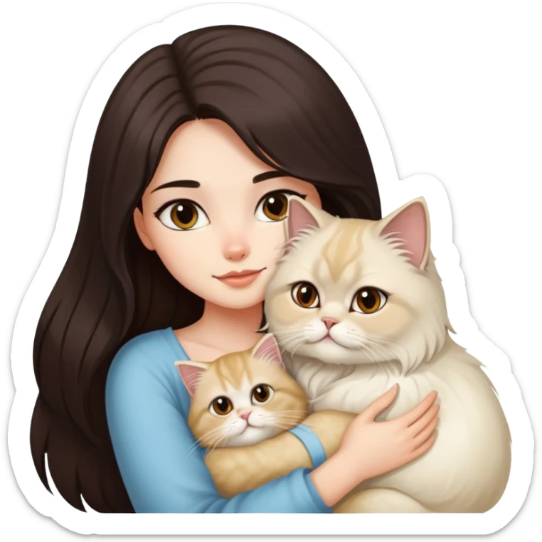 A pretty girl with long dark hair is hugging her light hair persian cat. sticker