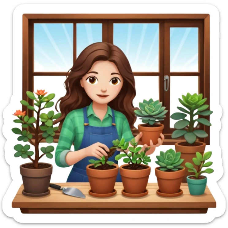 
Close-up of a woman with long, wavy brown hair planting a seedling in a pot. Surrounding her are plants and succulents with vibrant leaves and flowers. Sunlight filters through the window, casting soft shadows. A cozy interior space with gardening tools on a wooden table. sticker