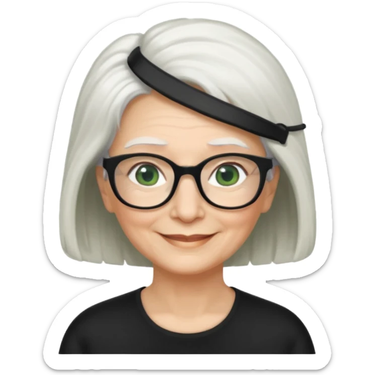 White hair grandma, green eyes, hair to shoulder, lokeg black glasses, rectangles face, smile , sticker