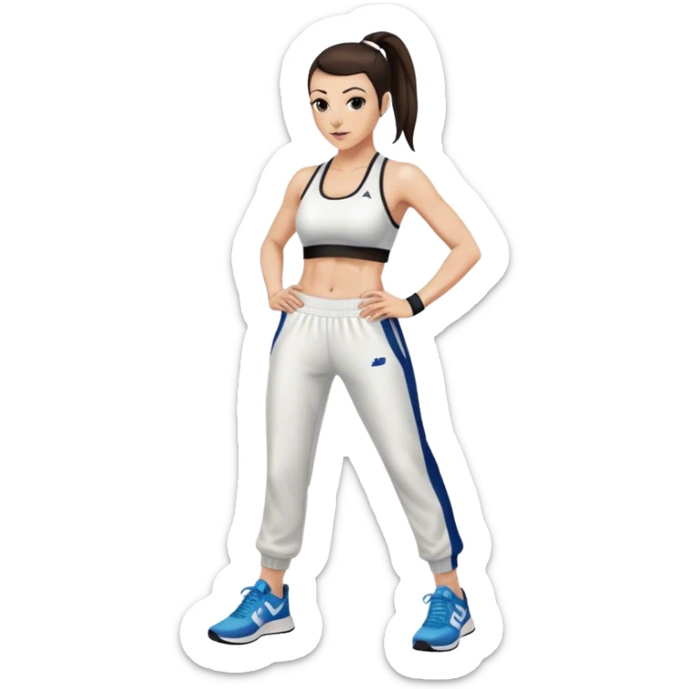 Melanie chisholm with a dark brown high ponytail wearing a sports bra and track pants with sneakers sticker