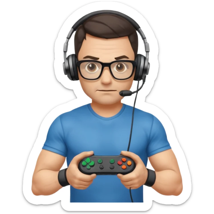
gamer, Very fit muscular 40-year-old with youthful looks glasses, headphone, gamepad sticker