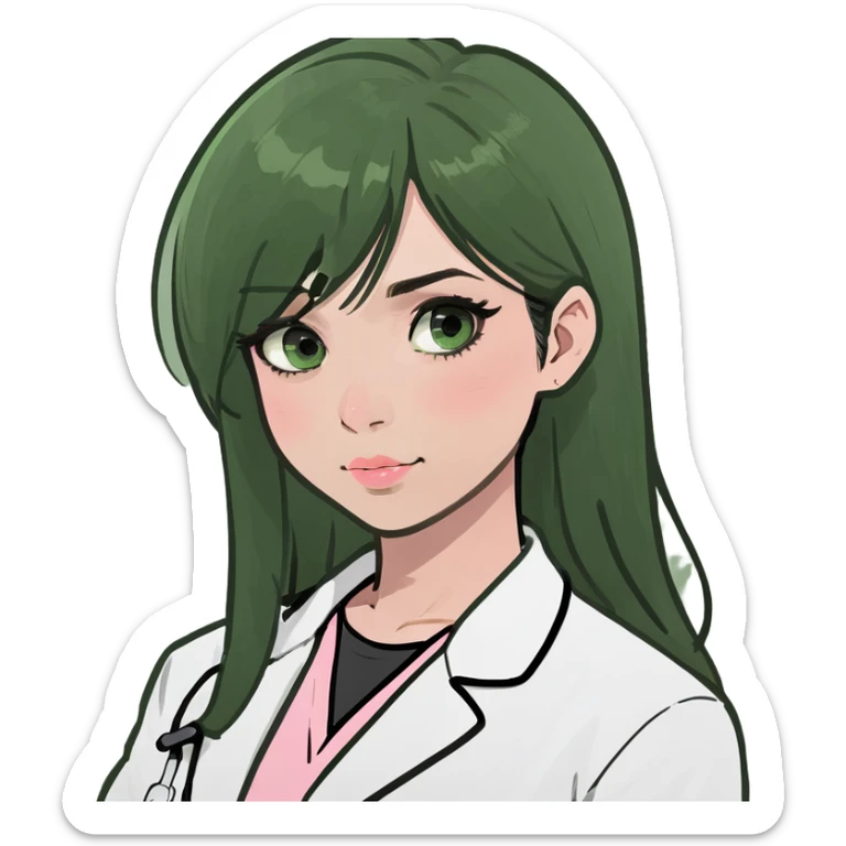 A girl with black straight hairs, black eyes, pink blush and wearing white lab coat sticker