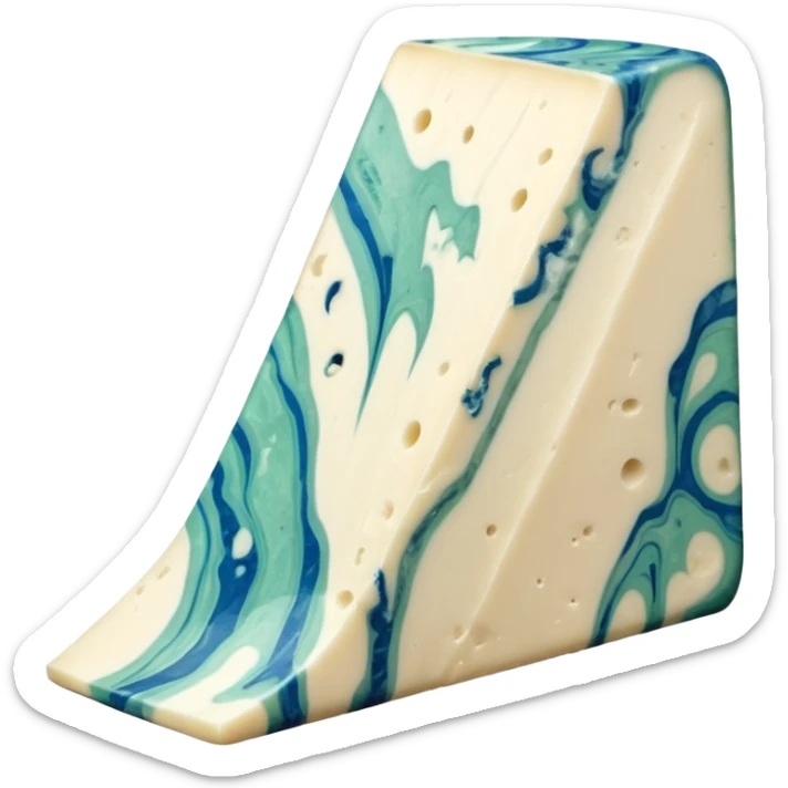 wedge of gorgonzola cheese creamy pale ivory inside with bold blue-green veins, slightly moist and rich surface, natural beige rind, smooth cut showing marbling, no plate or extras, soft lighting, emoji scale sticker