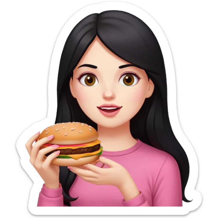 White girl in pink clothes and long black hair eating burger and pizza sticker