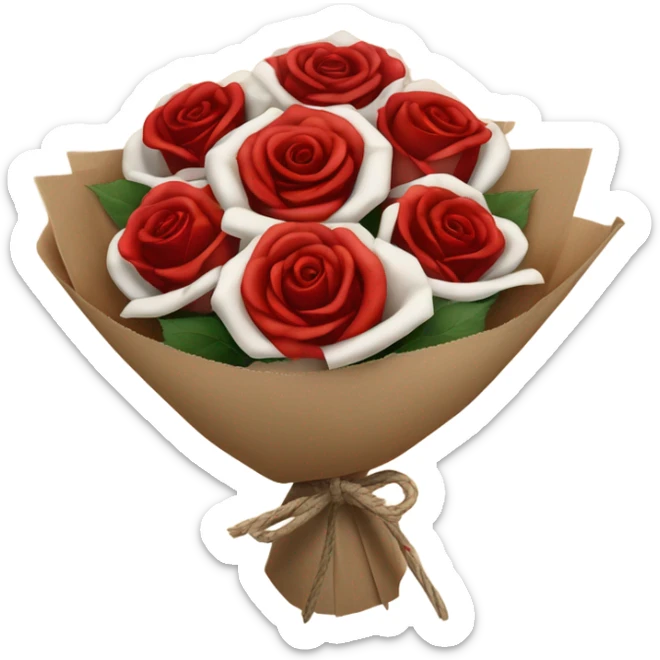 Rose bouquet wrapped in light brown paper, red and white roses. The paper must show at the back and the bow must be rope. White and res roses. Just a bit bigger sticker