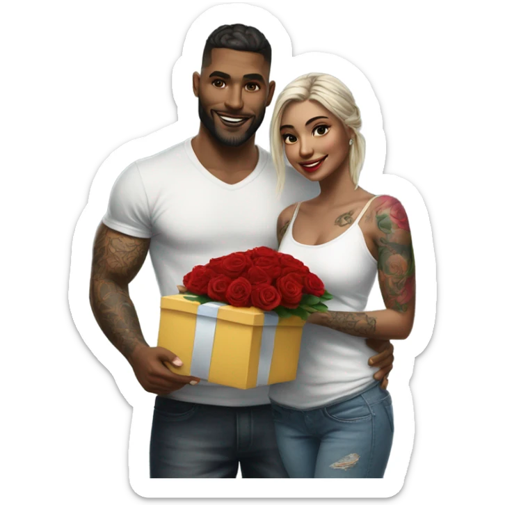 Hyper Realistic beautiful woman receiving a gift and a bouquet of roses from a handsome tattooed man  sticker