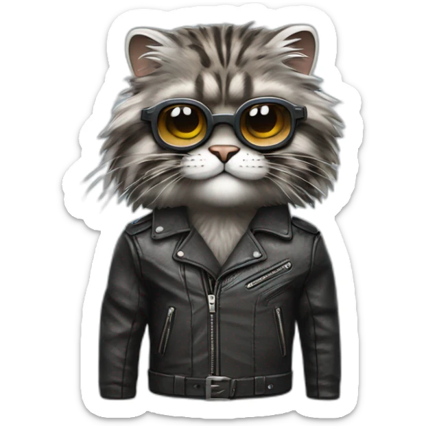 very cool manul pallas cat wearing glasses and a leather jacked in a motorcycle sticker