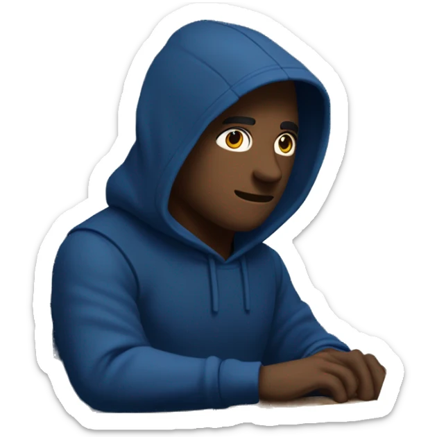 A man in a dark blue hoodie with a capelet on his head, his face not visible in the shadows, is sitting at a computer. sticker