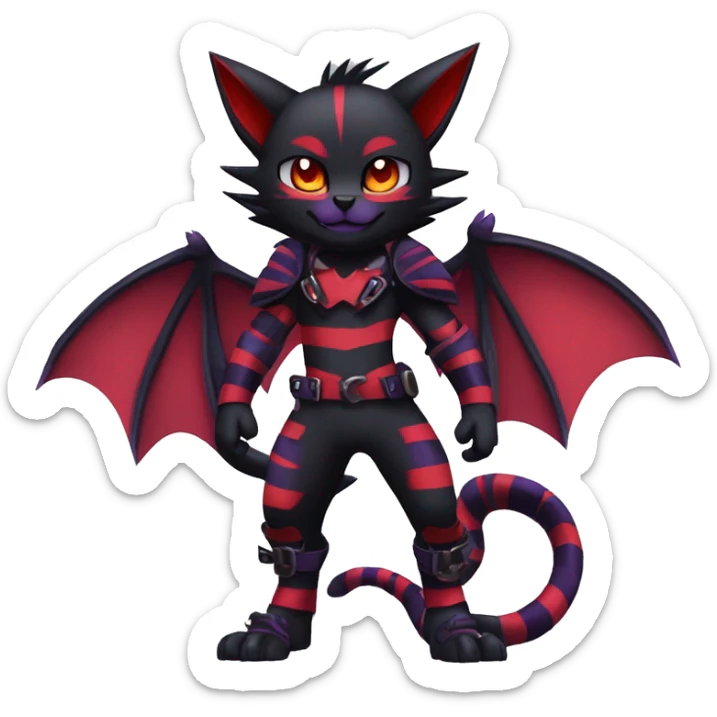 Black-Red-Purple Anthro Cool Punk Bat-Litten-Fakemon-fursona with fangs and stripes Full Body sticker