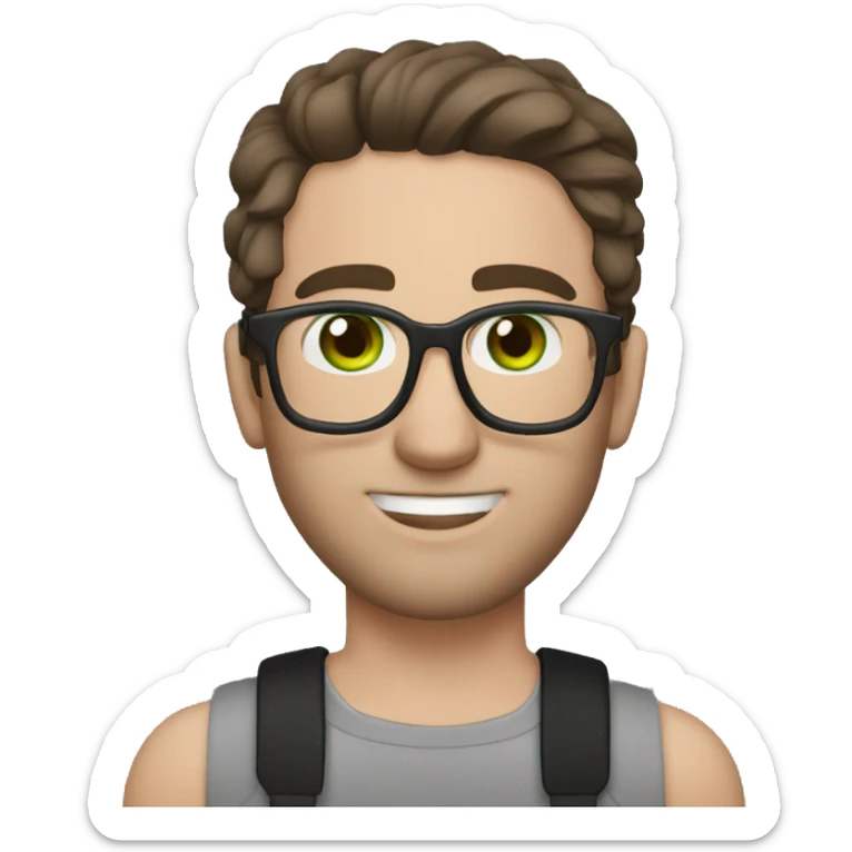 white man, green eyes, dark brown hair with a slight gray streak, narrow glasses, tattoo on his hand sticker