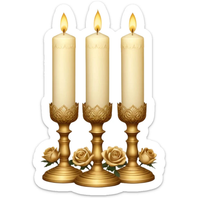 Victorian Candle Set
A cluster of tall, ivory candles in ornate golden holders. Some are carved with lace-like patterns, others wrapped in translucent brown ribbon and dried golden roses. sticker