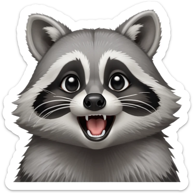 Cinematic-cute realistic- Yawning Raccoon-Portrait-Emoji – Poised and confident, wide-open yawn, revealing a soft grey with a sturdy build and a beautifully textured fur of silver-grey accented by dark black facial markings, deep-set, big black eyes, simplified yet sharp and sophisticated zoom out to show shoulders sticker