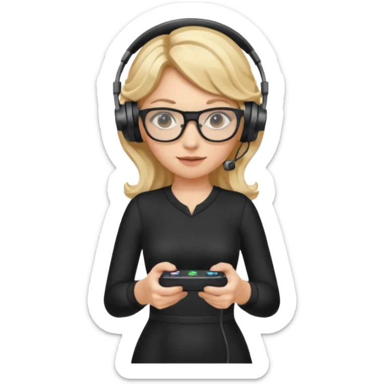 
gamer, woman with blond wavy hair, tight black dress with a white line with glasses, headphone, gamepad sticker