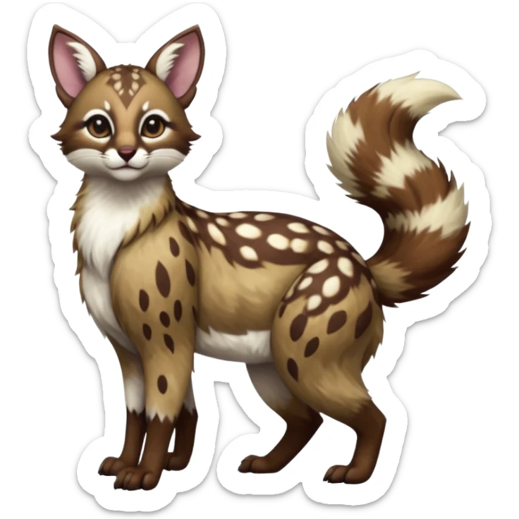 Colorful dark realistic chocolate-brown tropical beige fur glorious divine exotic cute cool beautiful shiny beautiful fantasy-Furret-Eevee-caracal-civet-genet-sergal-vernid-Cacomistle-oncilla-animal-Fakémon-hybrid-fursona with white deer-spots pattern markings (full body) sticker