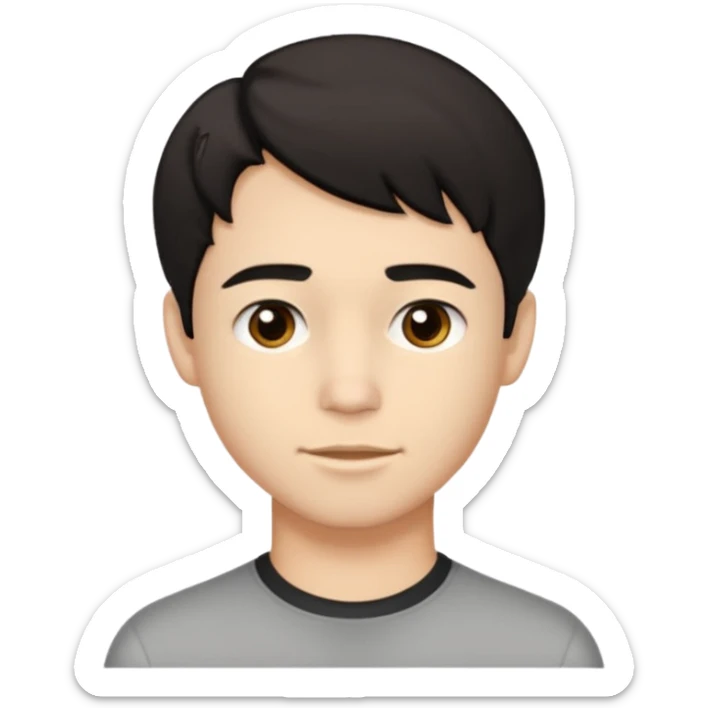A young man with light skin tone, short wavy black hair parted to the side, large brown eyes, and a neutral expression with a small closed-mouth smile. sticker