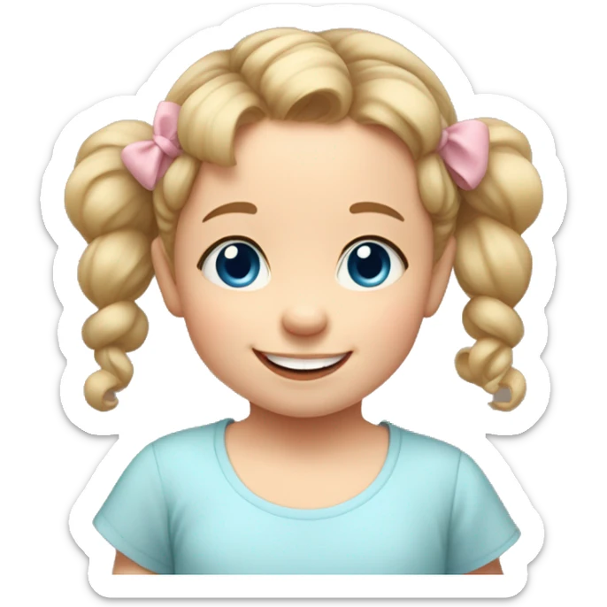 A toddler girl with 2 tiny pig tails on top of her hair with tiny bows, fair skin, blue eyes, light brown hair, smiling, wearing a pastel shirt sticker