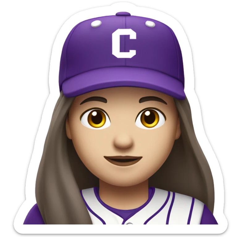 baseball card character. Brunette long straight hair. letter C logo. Purple and white uniform. sticker
