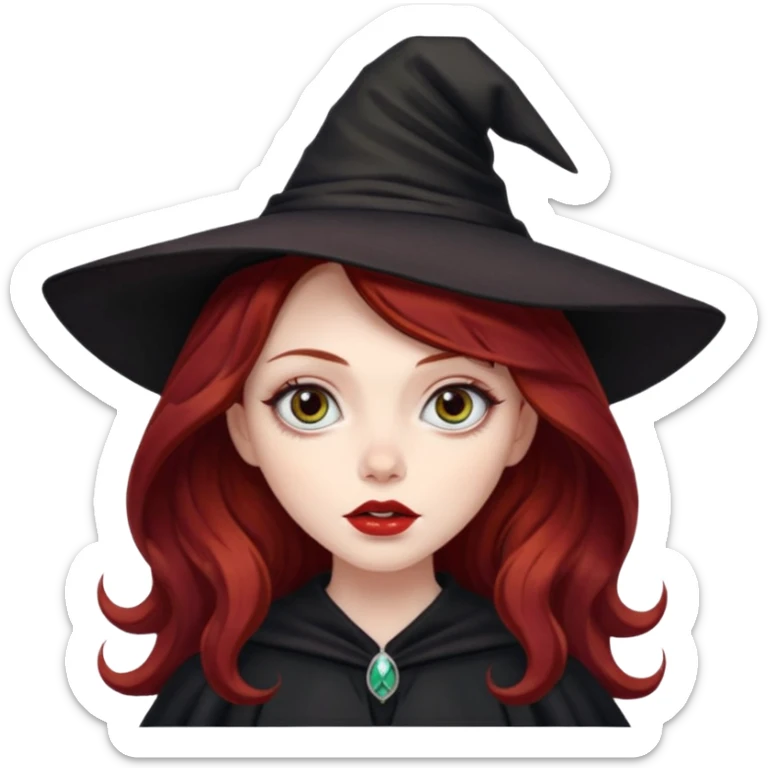long and wavy dark red haired girl, with thick lips, big eyes and she looks like a witch sticker