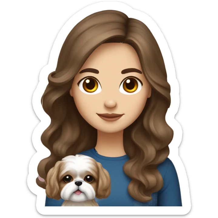 Young brunette hair woman with a cream shih tzu in her arms long wavy hair sticker