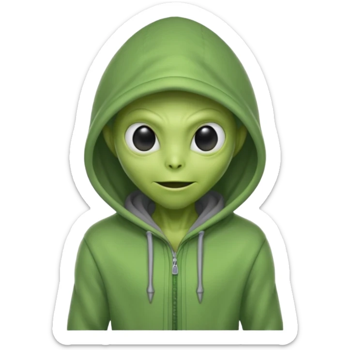 green alien in gray hoodie full height, wear hoodie hat, happy sticker
