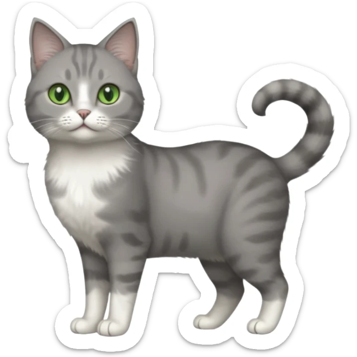 full body view of beautiful female grey cat with green eyes, white paws and white chest sticker