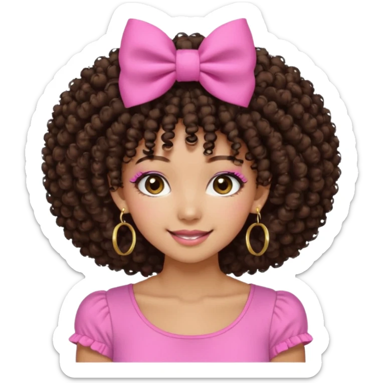 Naturally tan skin girl short darkBrown curly afropink shirt very long lashes hoop gold earrings Brown eyes gyaru smiling closed mouth cute non perfect circular afro. Pink bow hairclip sticker