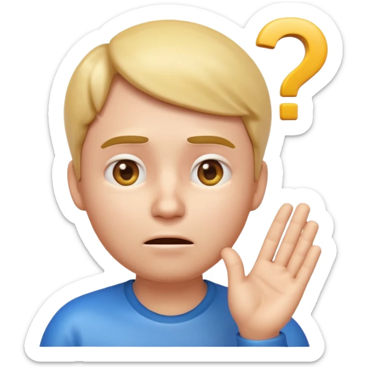 3D glossy emoji of a confused person feeling lost, hand on chin, raised eyebrow, looking up, small question marks around head, faint maze background, soft gradient, centered, transparent background.\ sticker