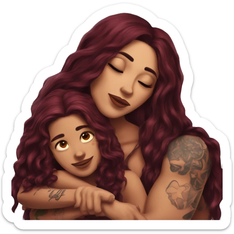Beautiful tattooed burgundy long haired woman laying on the boyfriends chest sticker