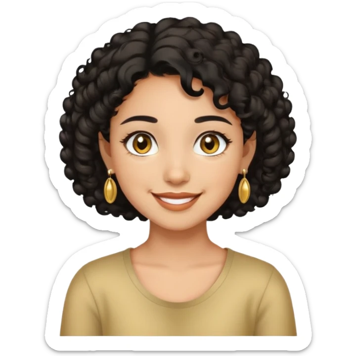Girl showing happiness, medium skin tone, short curly black hair, gold earrings, hazel eyes sticker