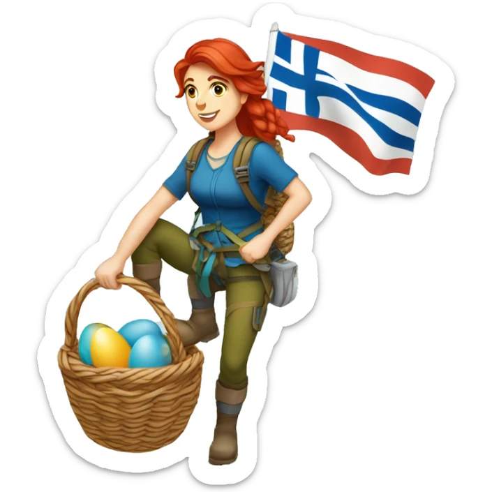 Female mountaineer red hair climbing with Easter eggsbasket and Greek flag sticker