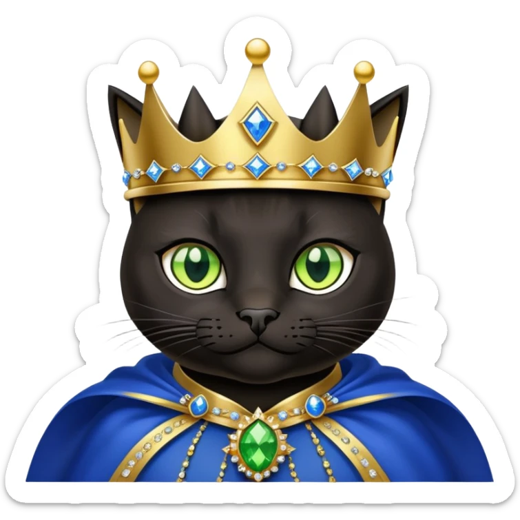 black cat with brilliant neon green eyes wearing a royal blue cape trimmed in gold and a crown with jewels sticker