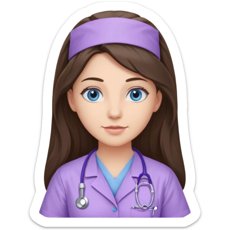 pretty brunette nurse with long hair and blue eyes in lilac scrubs sticker