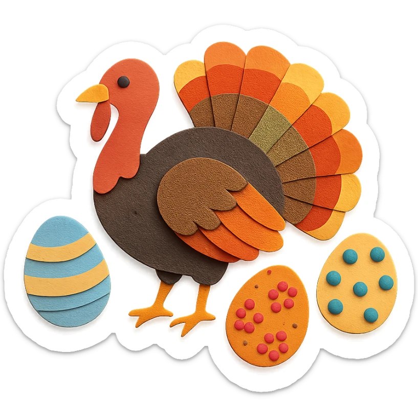 wild turkey in paper craft style, layered paper details, colorful feathers, fanned tail, surrounded by decorated Easter eggs sticker