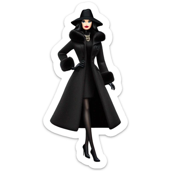 Silkstone Dazzling Winter Barbie Morticia Addams .  Wearing coat gloves boots hat sticker