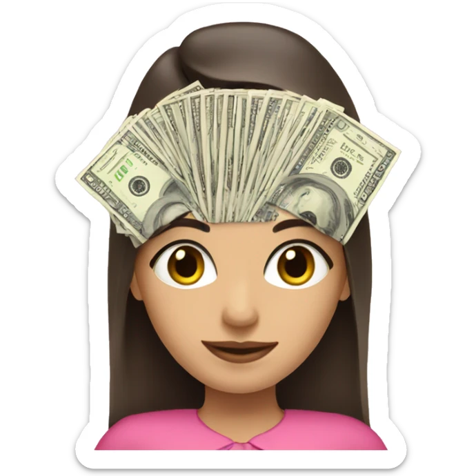 brunette girl with long hair in a pink dress holds paper dollars in her hands sticker