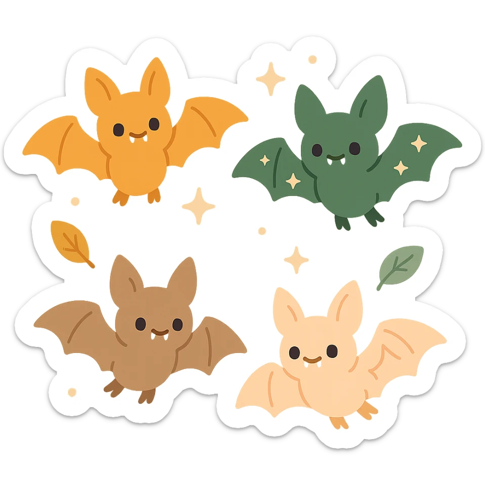 A group of cute, flying bats with a soft and magical aesthetic, illustrated in a warm color palette: golden orange (FA9B41), deep forest green (4A7C5C), muted taupe brown (96775A), and pastel peach (FFCC9A). Each bat has round, friendly eyes, small fangs, and gentle wing shapes with whimsical patterns or tiny stars. Their fur and wings are colored in soft combinations of the given tones, giving them a cozy, storybook-like charm. They fly playfully through a softly glowing night sky with sparkles or floating leaves, creating a dreamy, enchanting atmosphere. The mood is cute, calm, and a little magical sticker