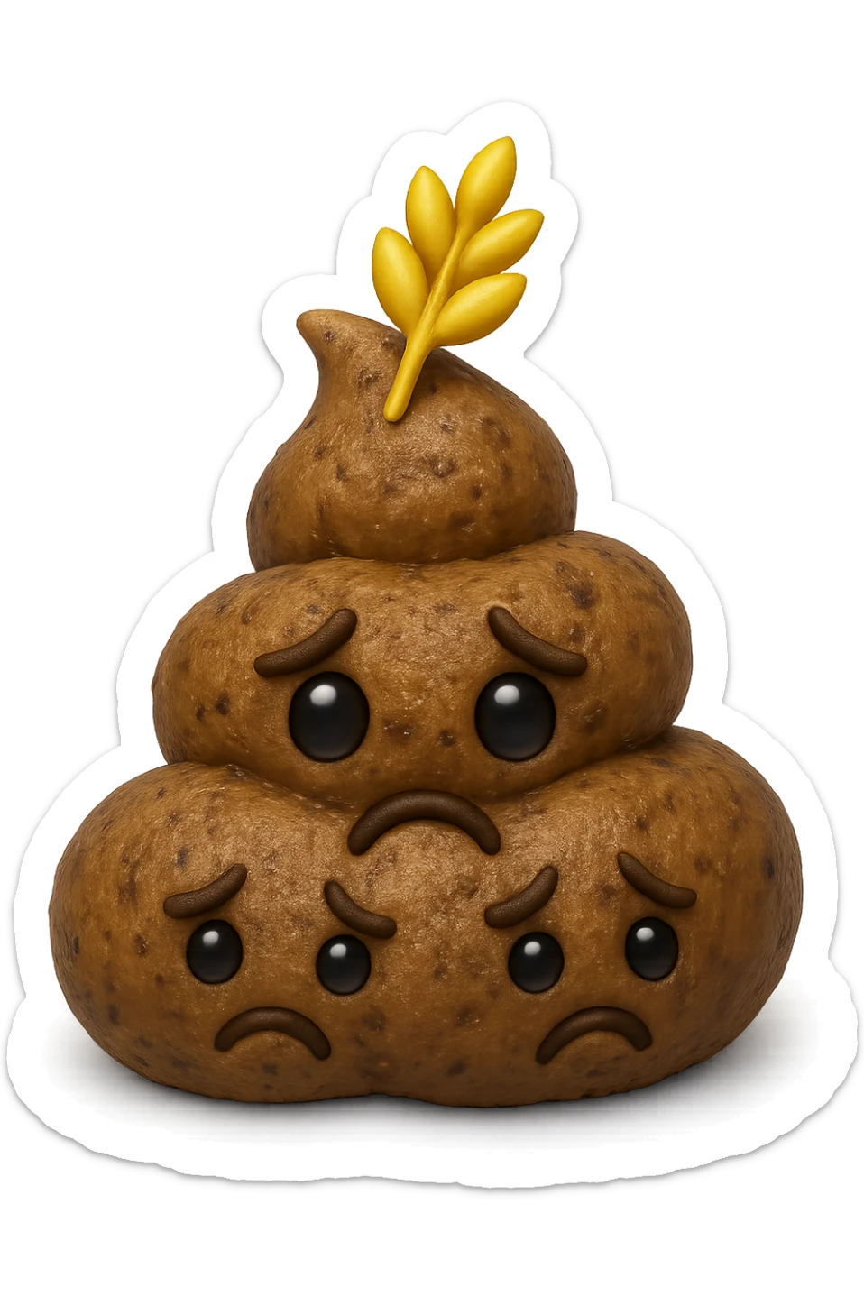 emoji stile iphone di una montagnetta di feci umane realistiche a palline tristi con sopra un simbolo del grano, iperrealistico 4k sticker
