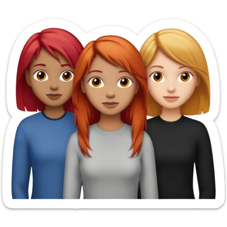 Can you create an image of 3 friends together one with red bright hair light skin one the other with brown hair with some blonde highlights in the hair fair skin the last one with light brown a tint of orange hair and black long hair sticker